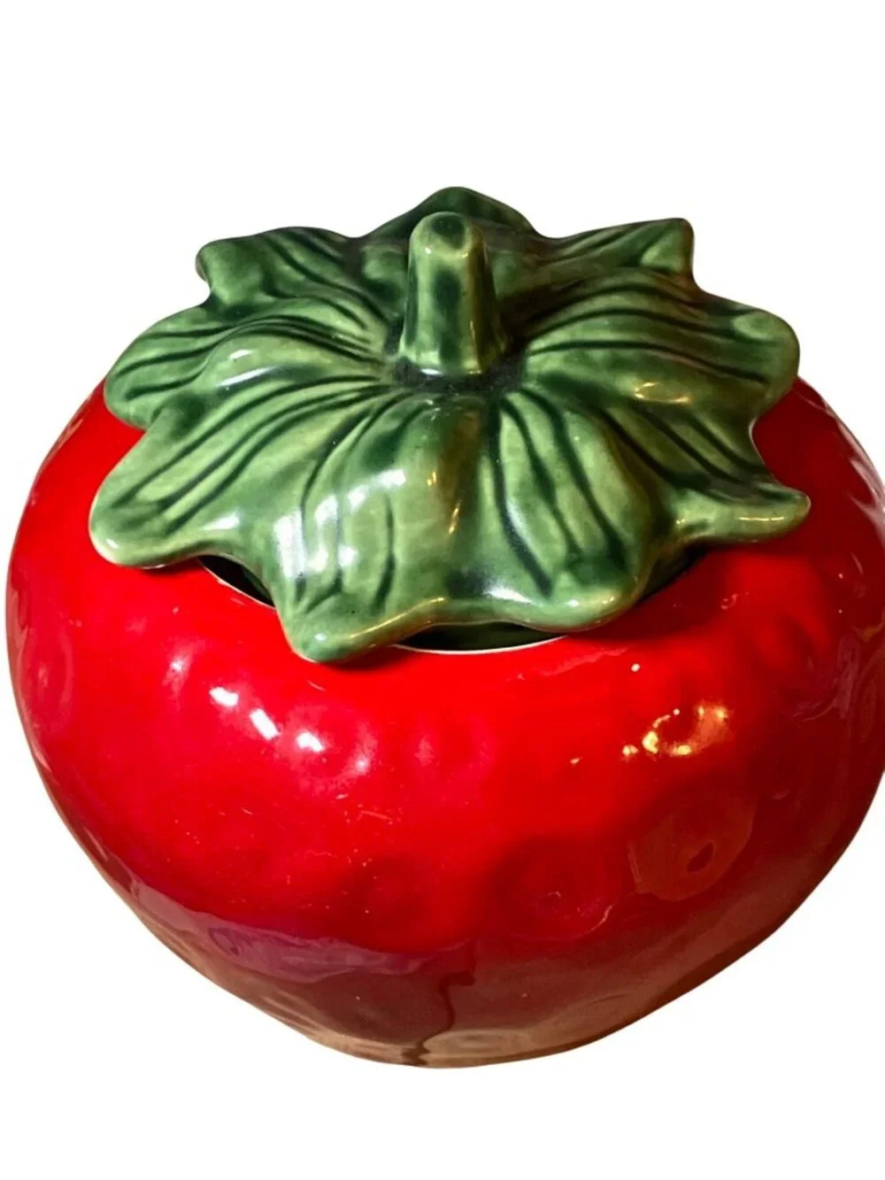 Strawberry Shaped Ceramic Cookie Jar Treat JarWith Lid Red and Green